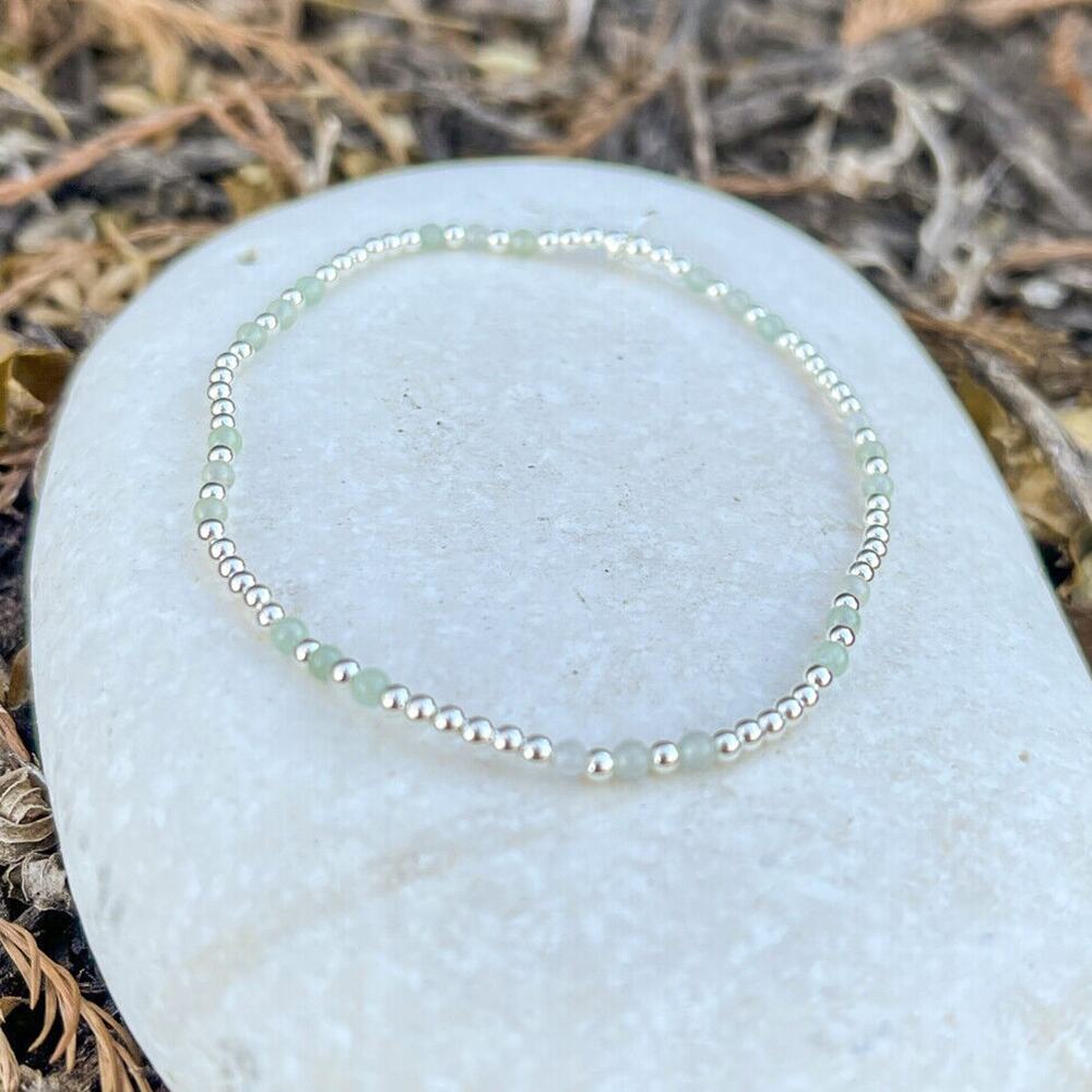 Fine Solid .925 Sterling Silver and green jade gemstone stacking bracelet gift - Picture 3 of 4